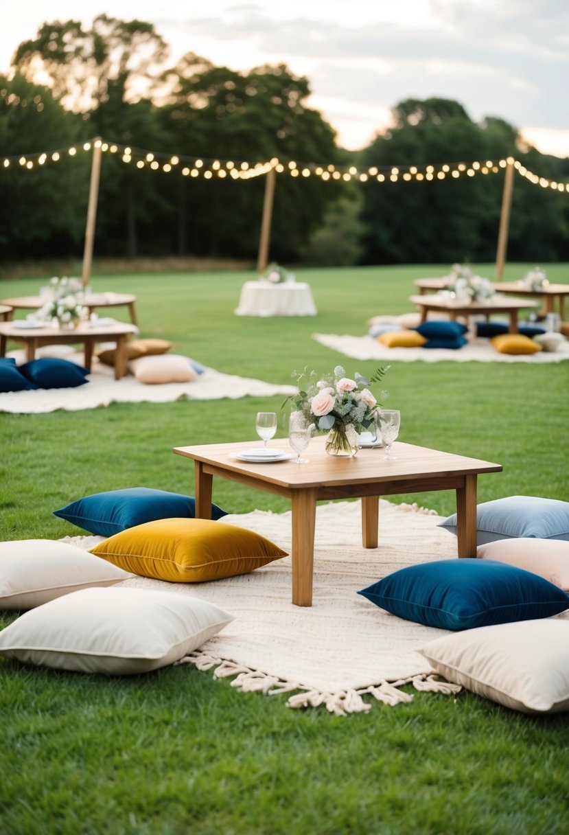 A cozy outdoor picnic-style reception with blankets, cushions, and low tables set up on a grassy area