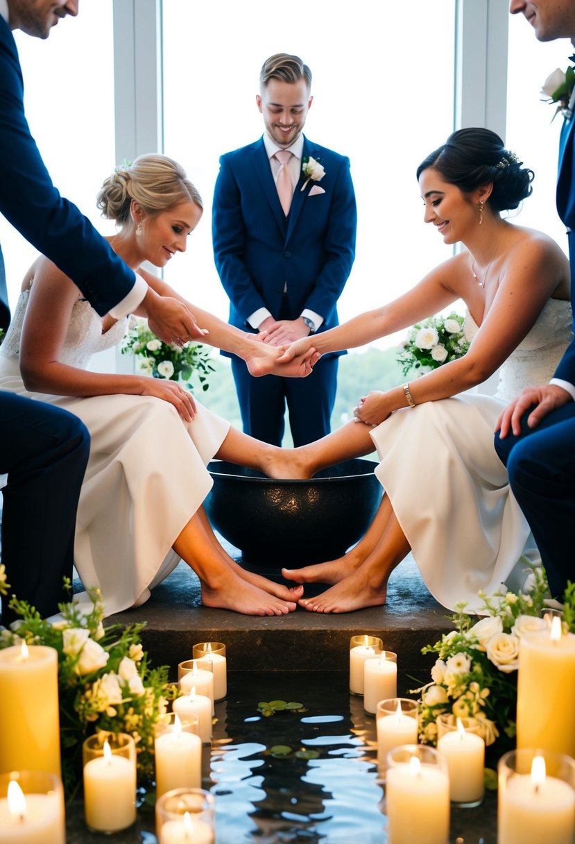 A bride and groom sit on opposite sides of a basin of water, surrounded by candles and flowers, as a minister washes their feet