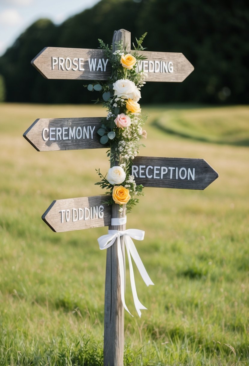 A rustic wooden signpost stands in a grassy field, pointing in different directions. It is adorned with flowers and ribbons, indicating the way to the wedding ceremony and reception