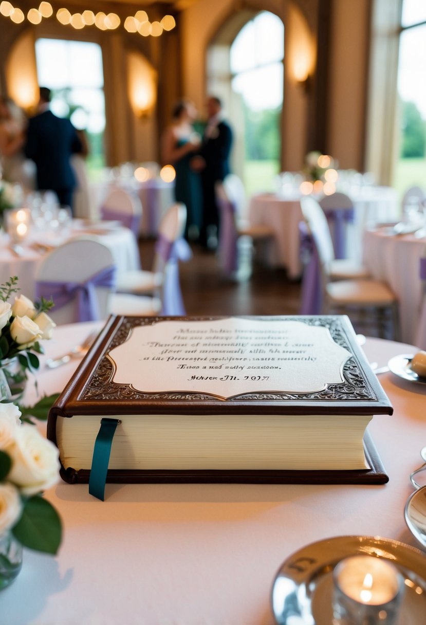 A beautifully decorated guestbook with a Bible verse cover sits on a table at a Christian wedding reception