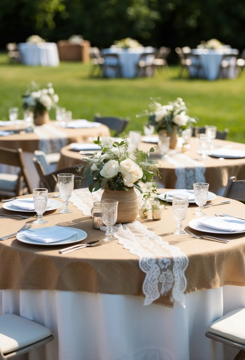 Tables adorned with burlap and lace, set in a rustic outdoor wedding scene