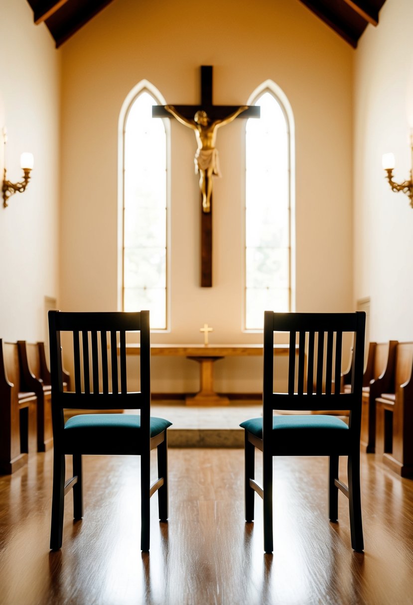 A serene chapel with two empty chairs facing a cross, bathed in warm light