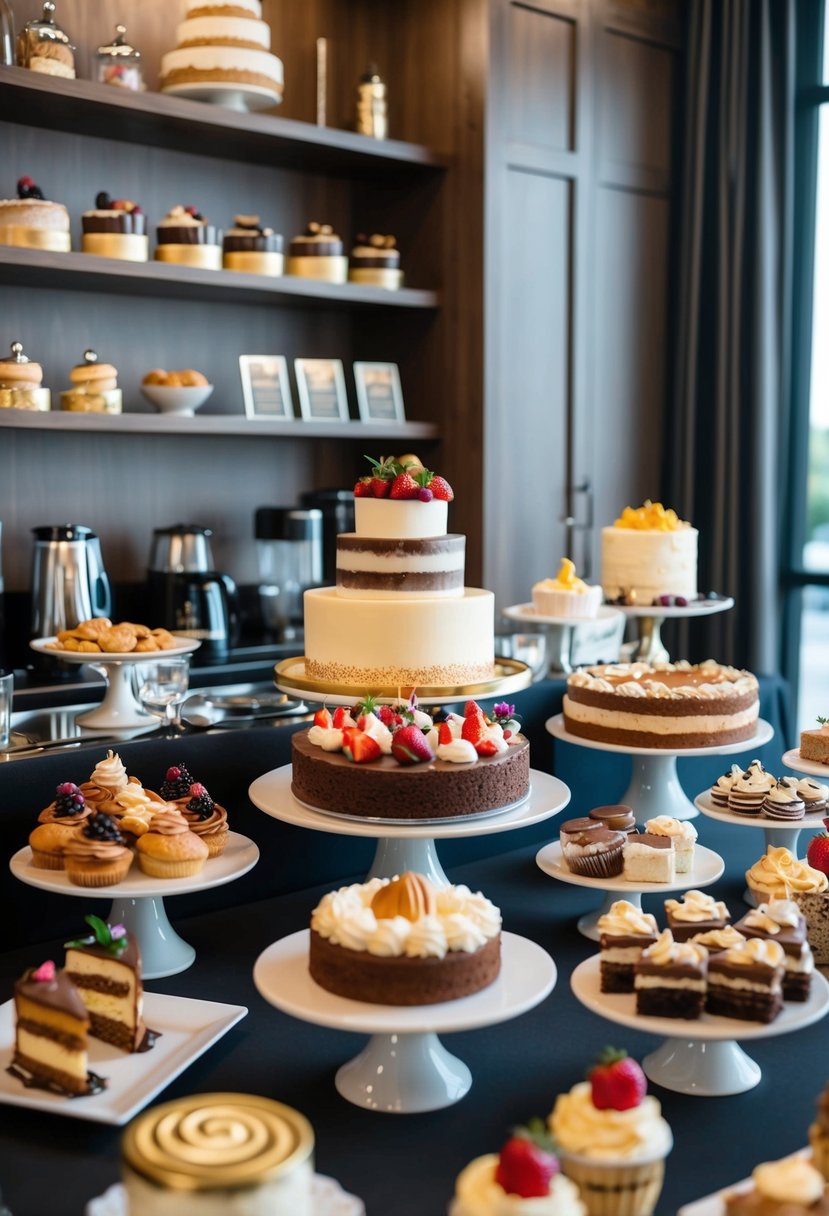 A beautifully decorated dessert table with an assortment of cakes, pastries, and sweets, accompanied by a stylish coffee bar with a variety of gourmet options