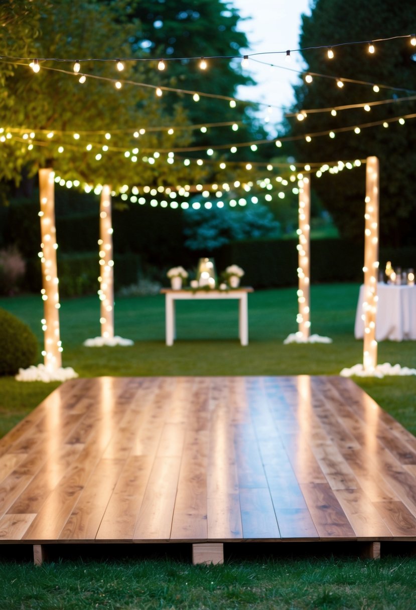 A wooden dance floor set in a garden with fairy lights, surrounded by simple outdoor wedding decor