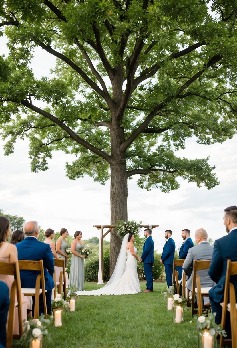 A tall, leafy tree stands in the center of an outdoor wedding ceremony, surrounded by simple, natural decor