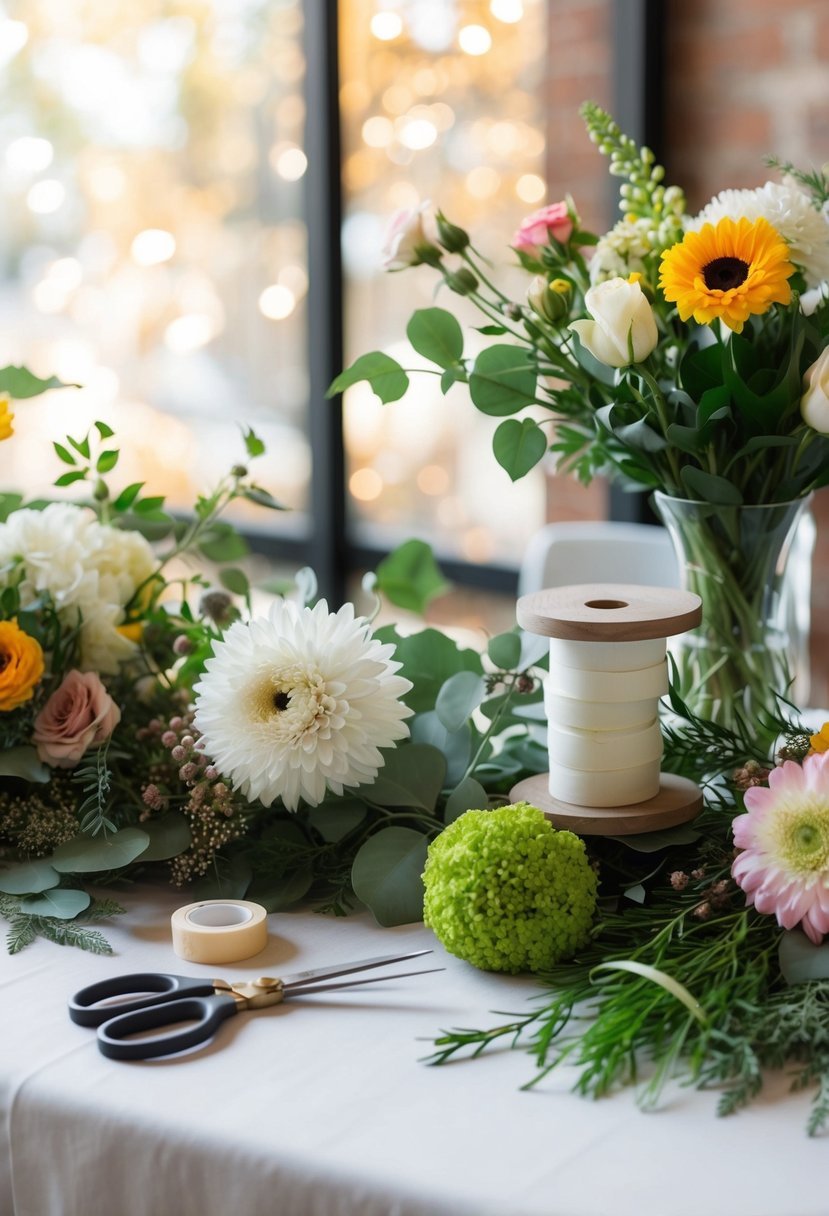 A table set with assorted flowers, greenery, and ribbon spools. A pair of scissors and floral tape lie nearby