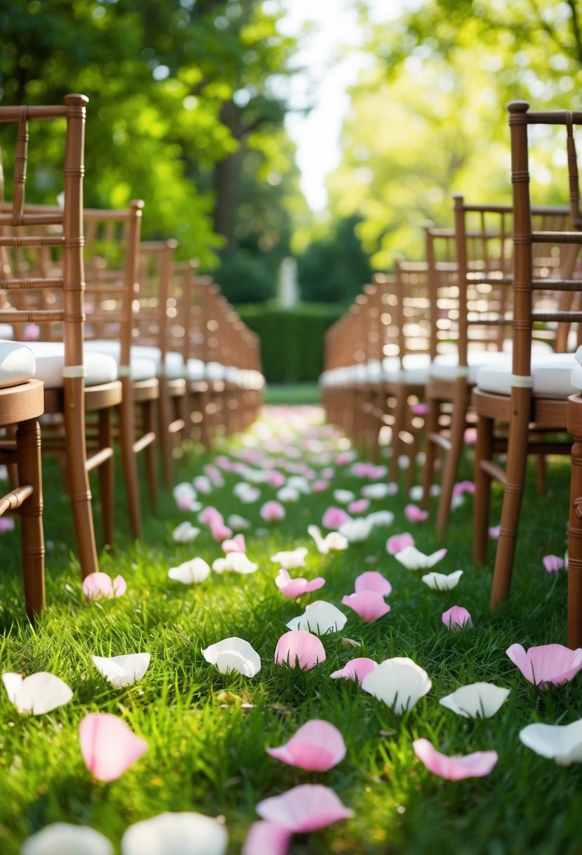 Pink and white petals scattered along a grassy aisle with wooden chairs. Sunlight filters through the trees, creating a soft, romantic atmosphere