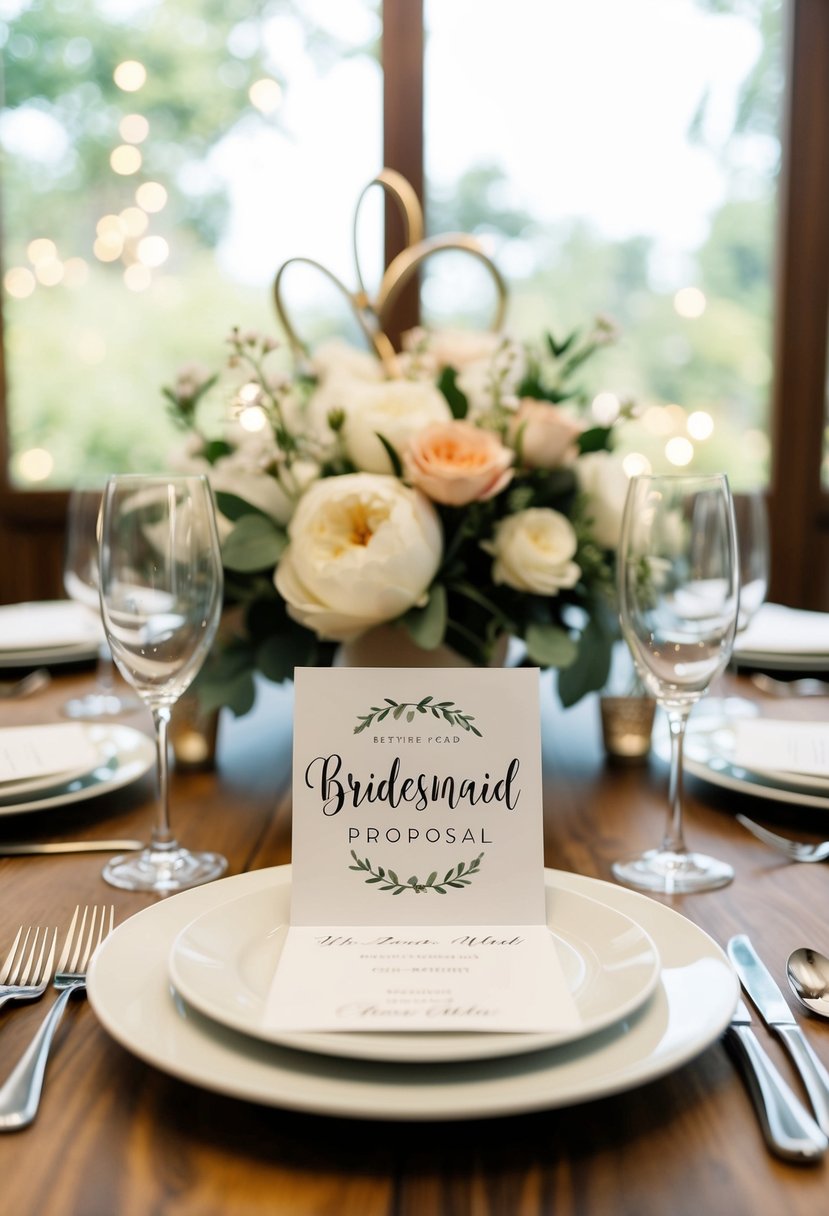 A table set with personalized bridesmaid proposal cards and Christian wedding decor