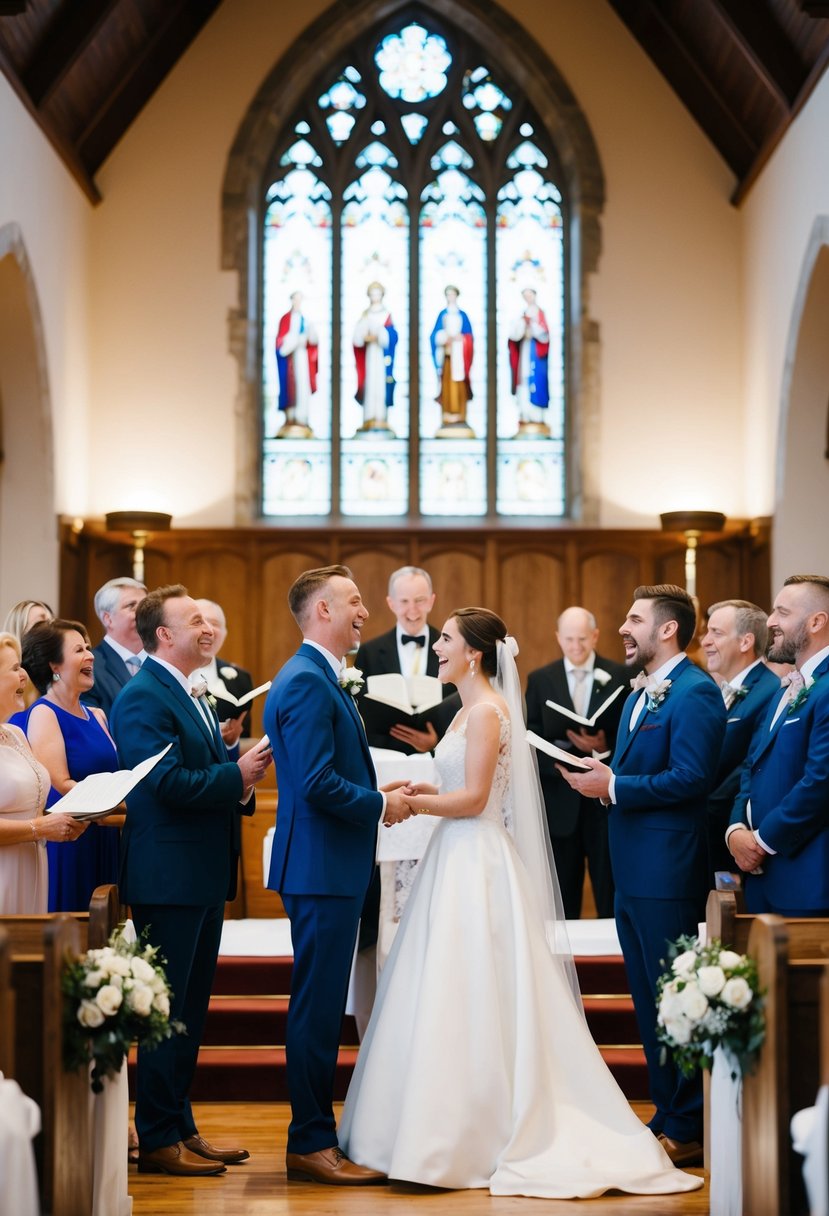 A bride and groom stand at the altar surrounded by family and friends, singing hymns together instead of traditional wedding music