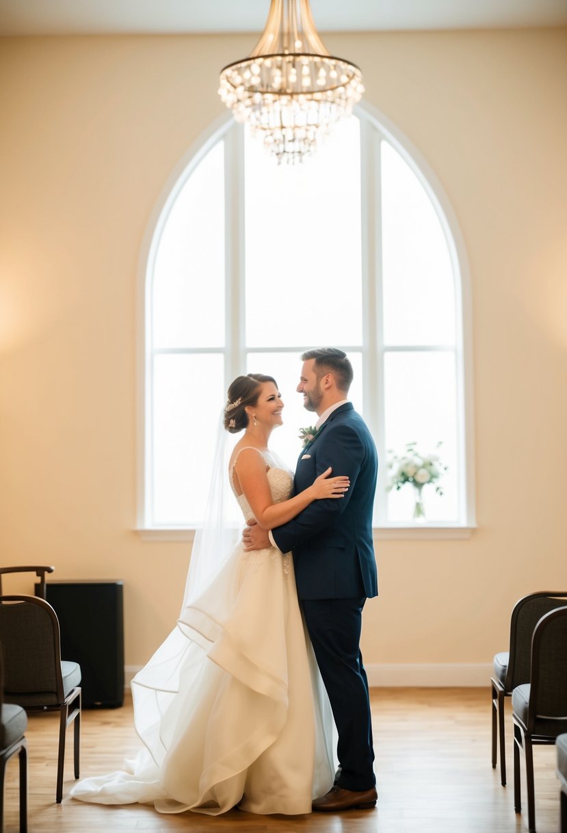 A couple stands in a softly lit room, swaying to a worship song. The bride’s gown billows as the groom holds her close