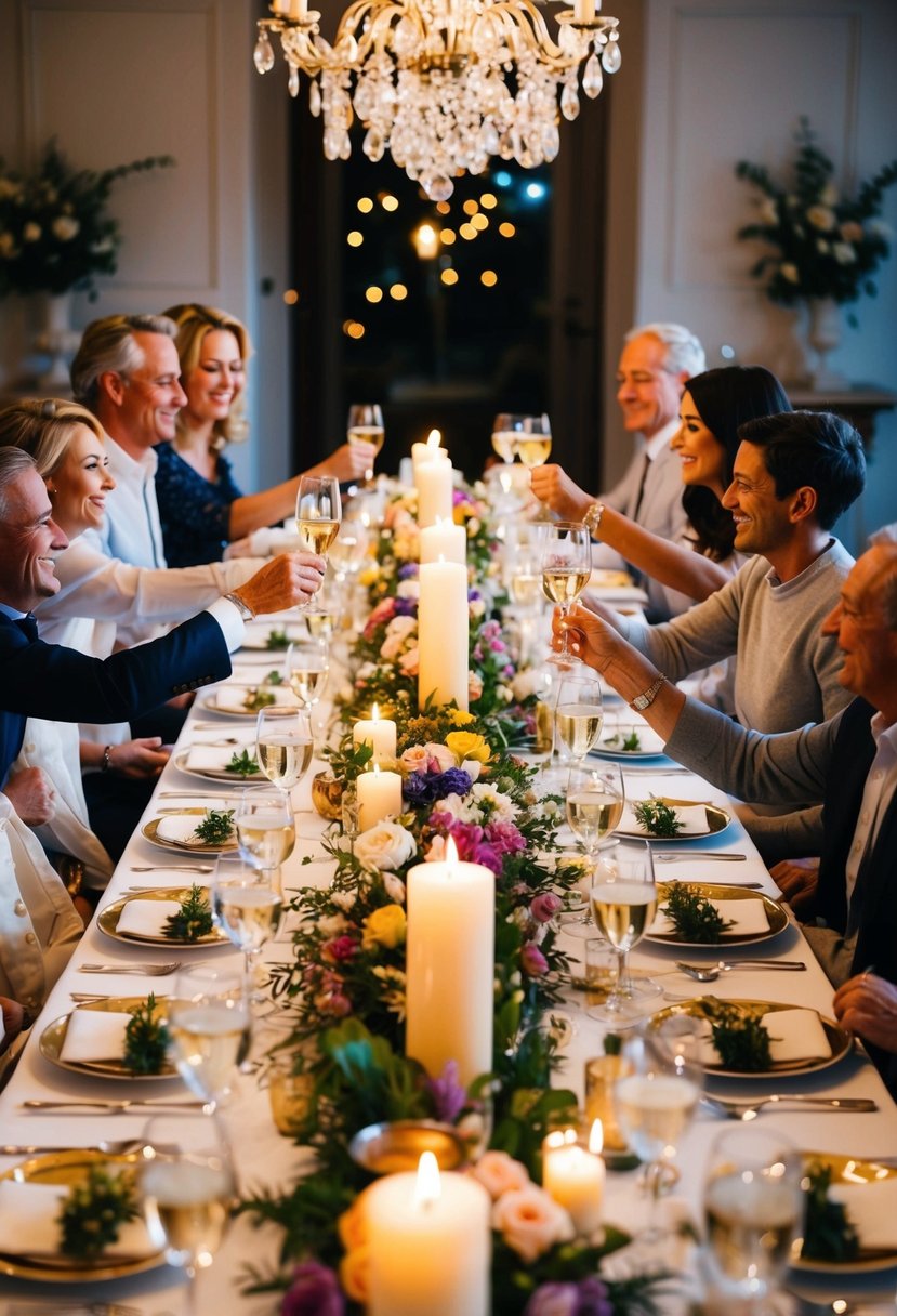 A long table adorned with candles, flowers, and elegant dinnerware. Family members gather around, toasting and sharing a joyous meal