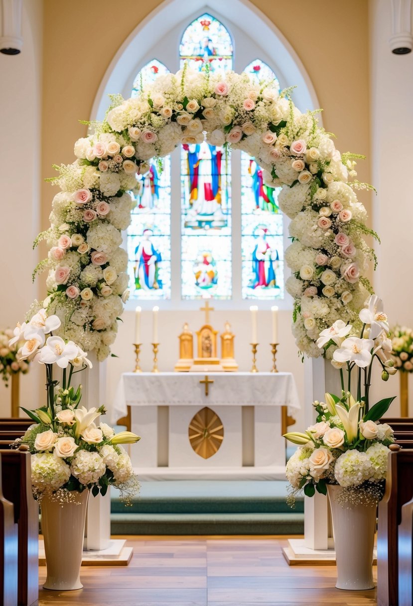 A white floral arch frames a church altar, adorned with lilies, roses, and baby's breath. Tall vases hold cascading arrangements of hydrangeas and orchids