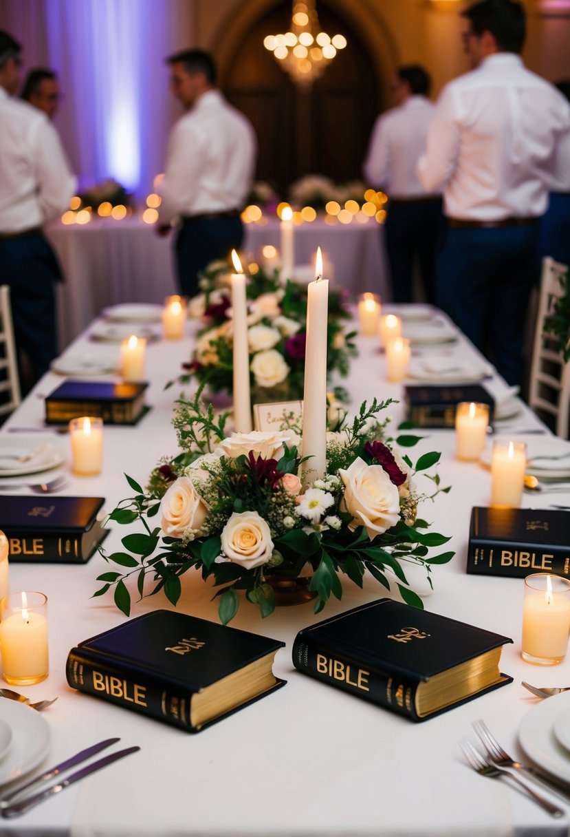 A table adorned with personalized Bibles, surrounded by floral centerpieces and glowing candles, awaits guests at a Christian wedding reception