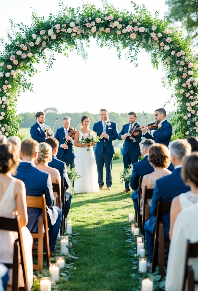 A serene outdoor ceremony under a floral arch, with guests seated on wooden chairs and a string quartet playing in the background