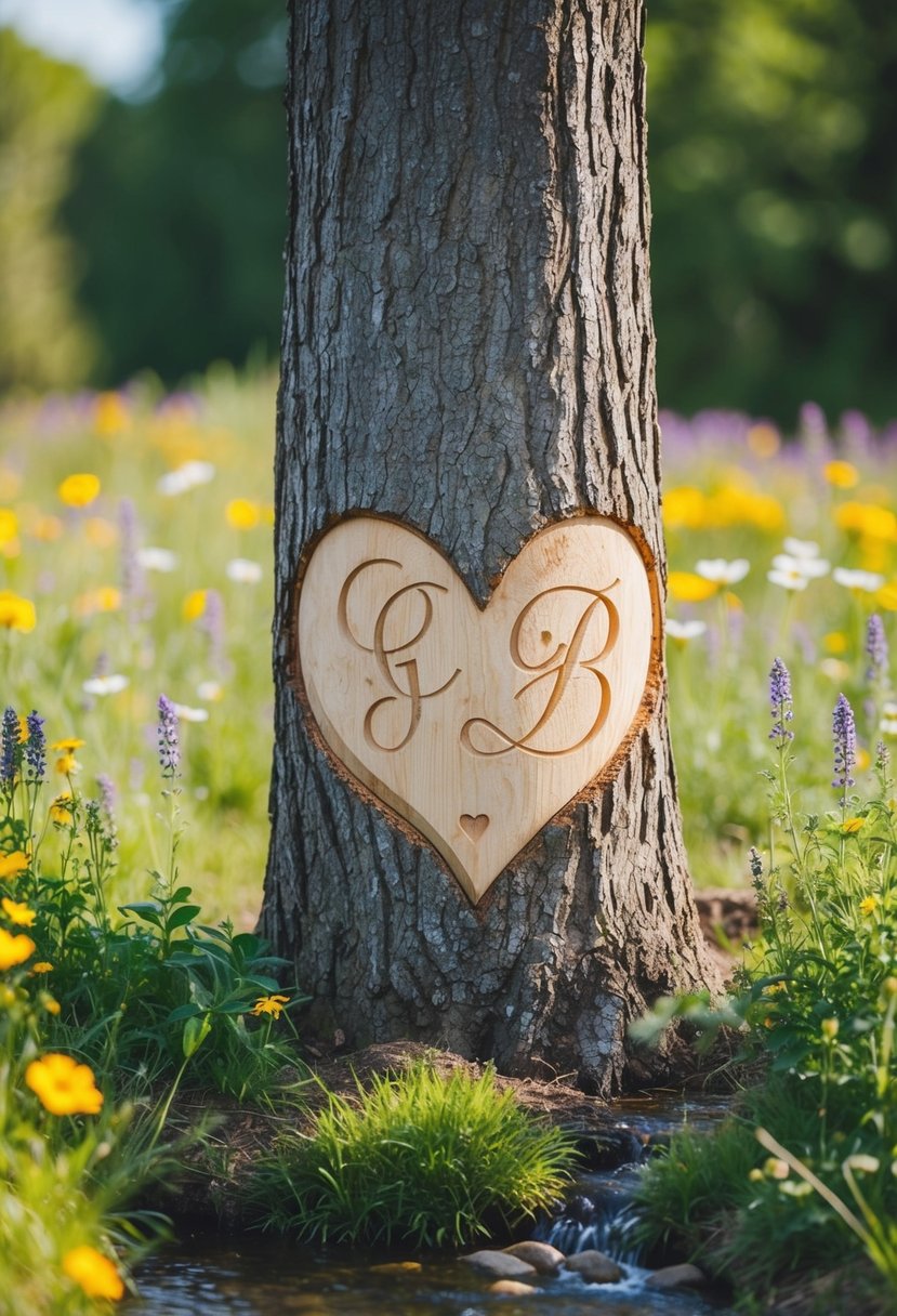 A couple's initials carved into a tree surrounded by wildflowers and a small stream, symbolizing their personalized vows for their second wedding