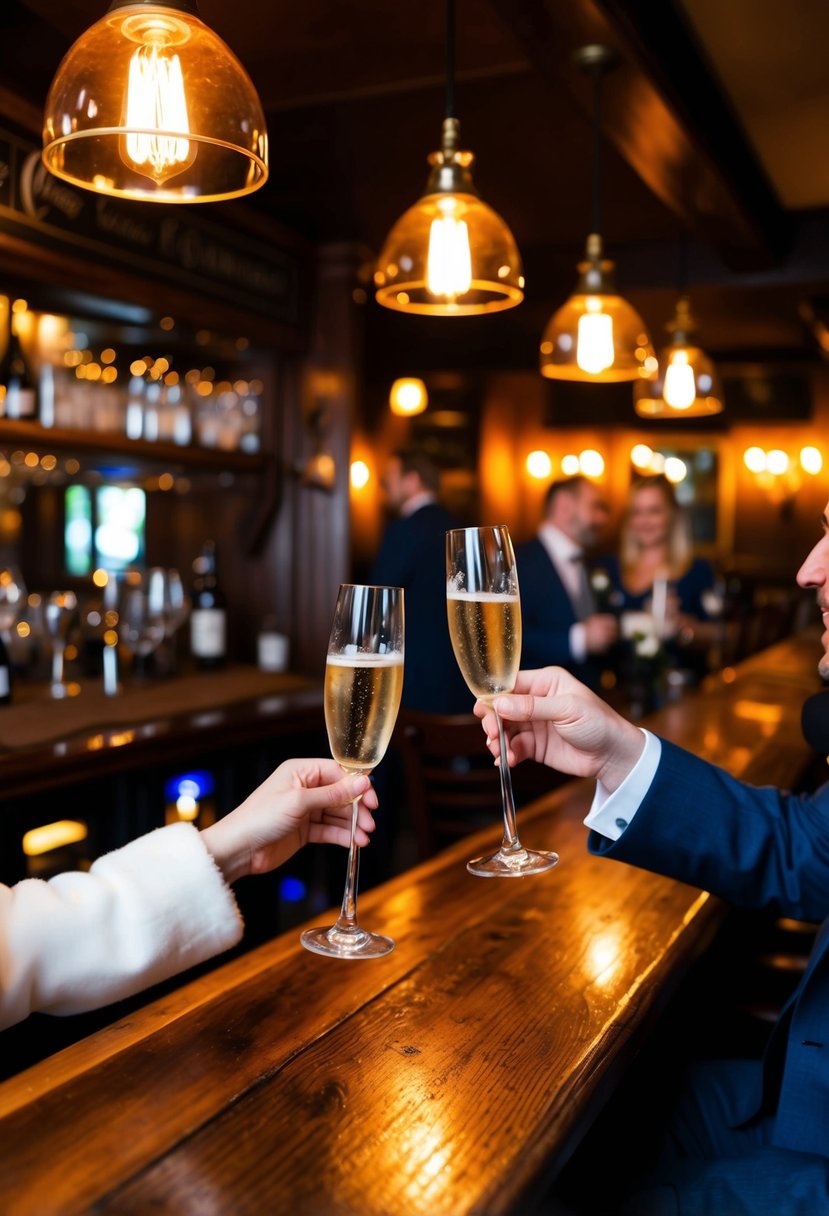 A cozy pub with a rustic wooden bar, dimly lit by warm Edison bulbs. Two champagne flutes clink together as a couple celebrates their second wedding with a toast