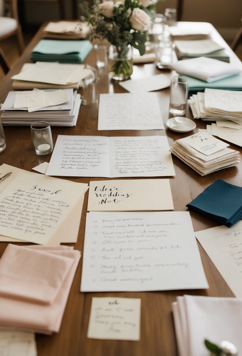 A table strewn with handwritten notes, sketches, and fabric swatches for a wedding