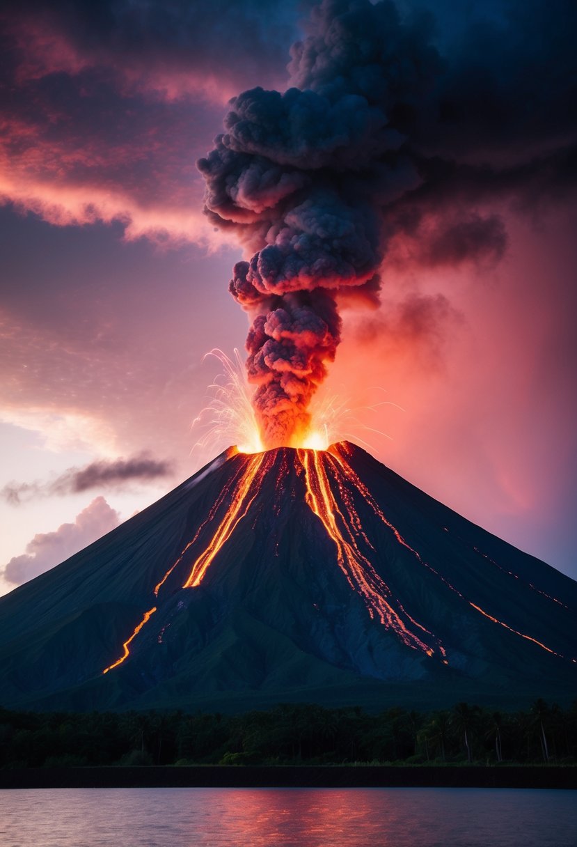 A majestic volcano erupts with vibrant, colored lava, creating a mesmerizing display for a unique second wedding celebration