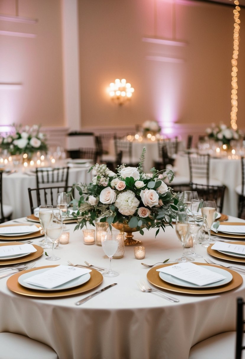 An elegant wedding table with personalized place settings, floral centerpieces, and custom decor