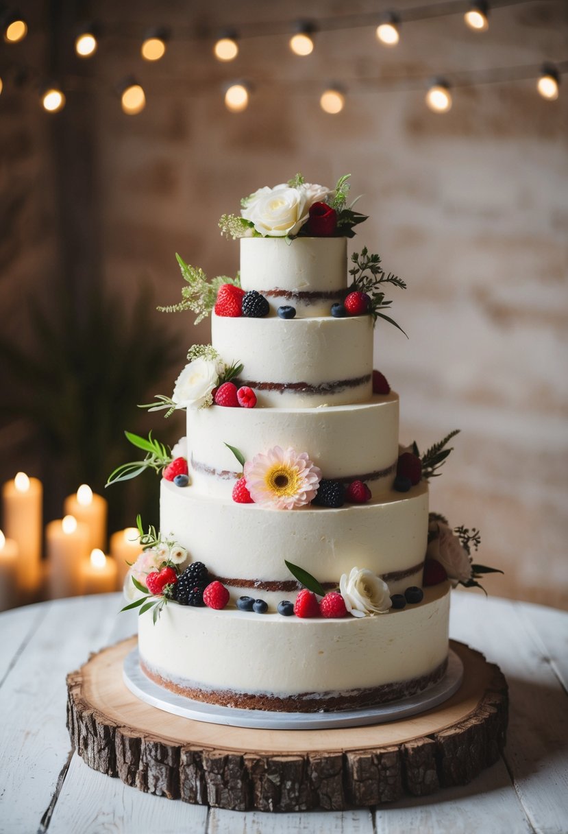 A three-tiered wedding cake adorned with fresh flowers and berries, set on a rustic wooden table with soft candlelight in the background