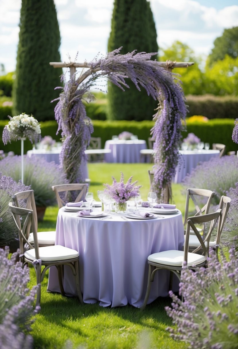 A serene garden adorned with lavender blooms, a rustic wooden arch entwined with delicate purple flowers, and a table set with lavender-hued linens and floral centerpieces