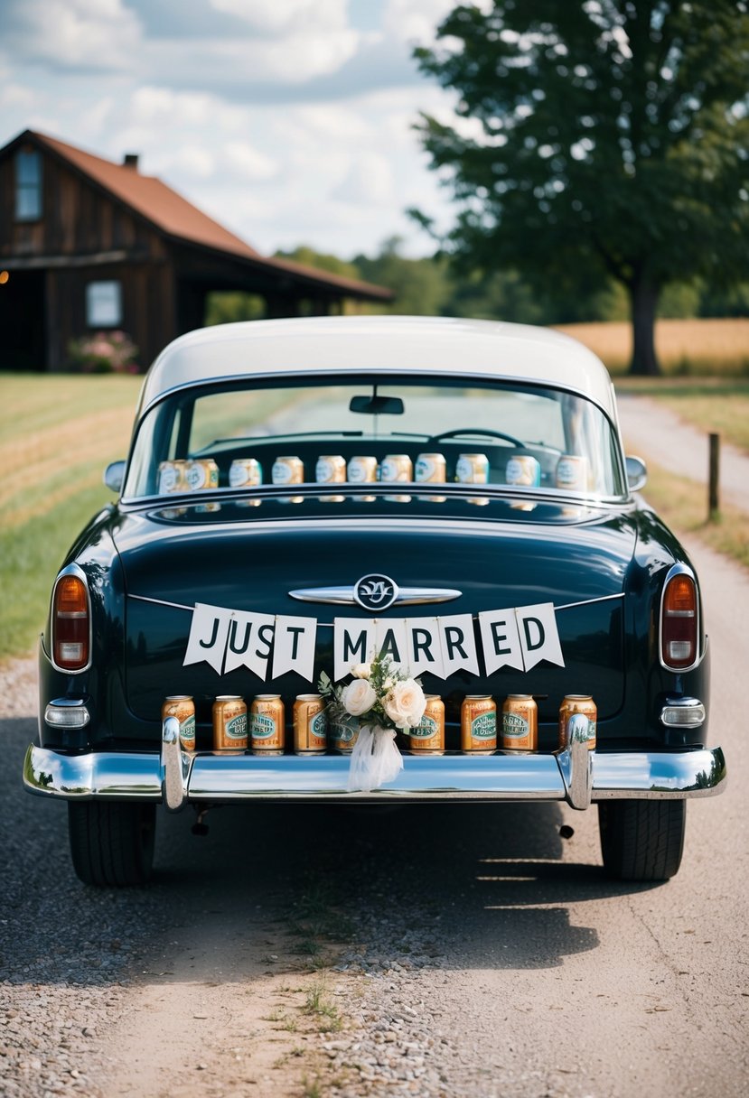 A vintage car with "Just Married" decorations and cans tied to the bumper, driving away from a rustic wedding venue