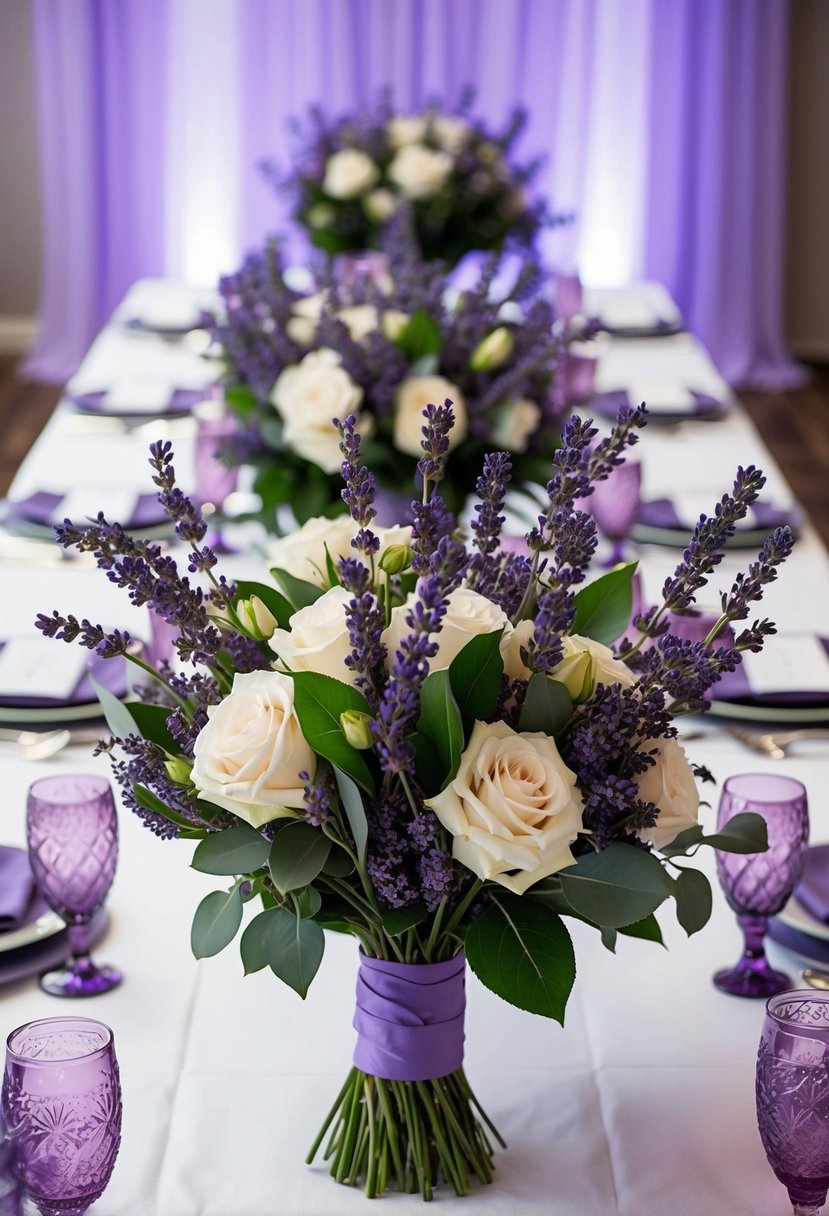 A table adorned with lavender-infused bridal bouquets, surrounded by lavender wedding decor and accents