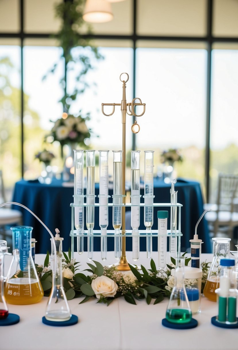 A laboratory-themed wedding altar with beakers, test tubes, and scientific equipment arranged in a decorative and elegant manner