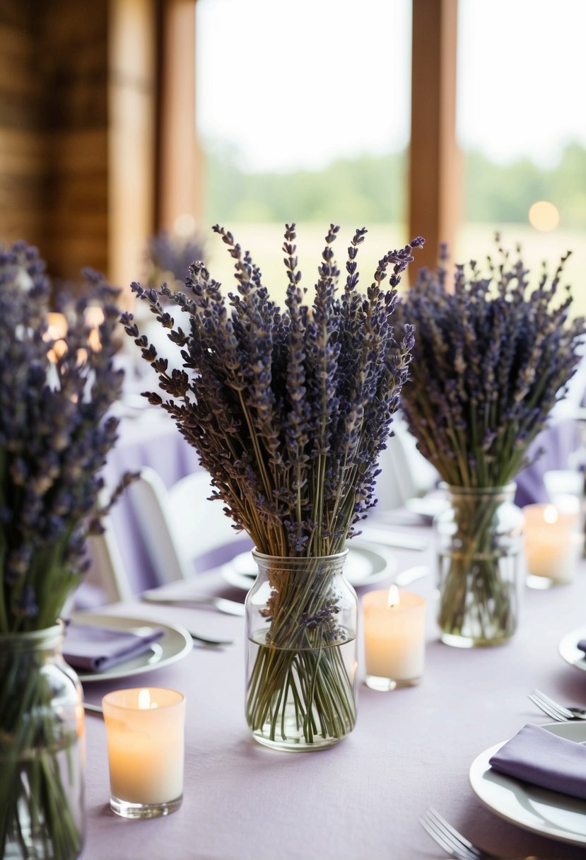 A table adorned with dried lavender centerpieces, creating a serene and romantic atmosphere for a lavender-themed wedding