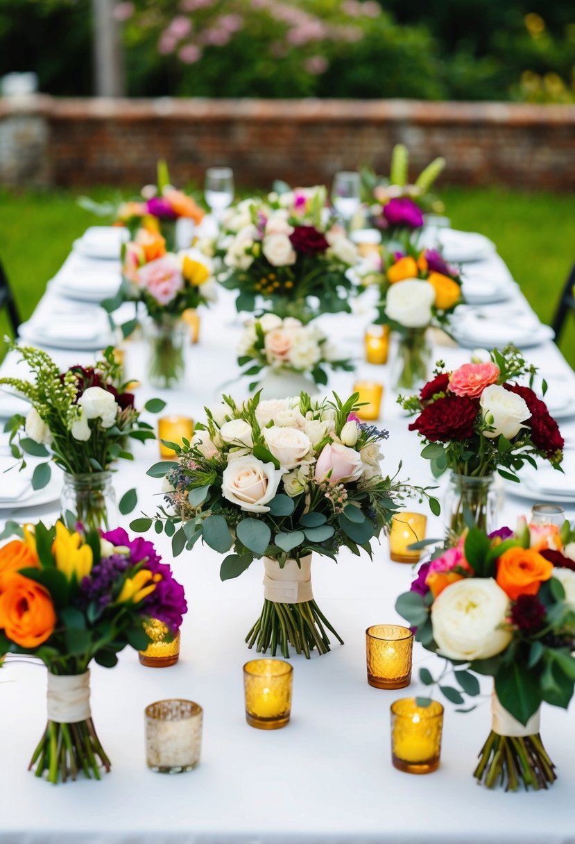 A table set with various unique bouquets, each tailored to a specific wedding theme