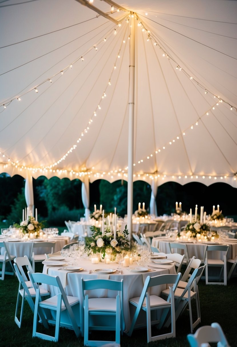 A grand white tent filled with round tables adorned with elegant centerpieces and soft candlelight, surrounded by lush greenery and twinkling string lights