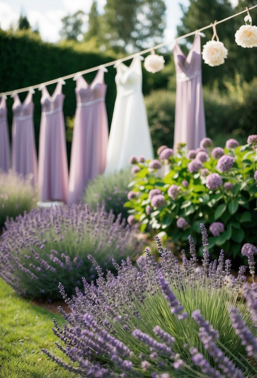 A garden filled with lavender and mauve flowers, with bridesmaid dresses hanging from a line and wedding decor in matching colors