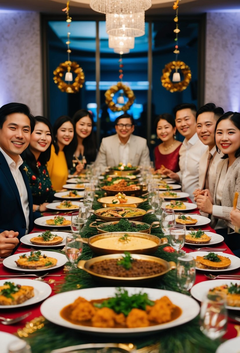 A banquet table adorned with local delicacies, surrounded by festive decor and happy guests