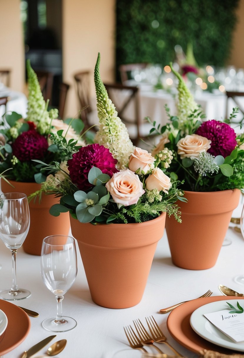 Terracotta pots arranged with vibrant flowers and greenery, serving as elegant centerpieces for a wedding reception