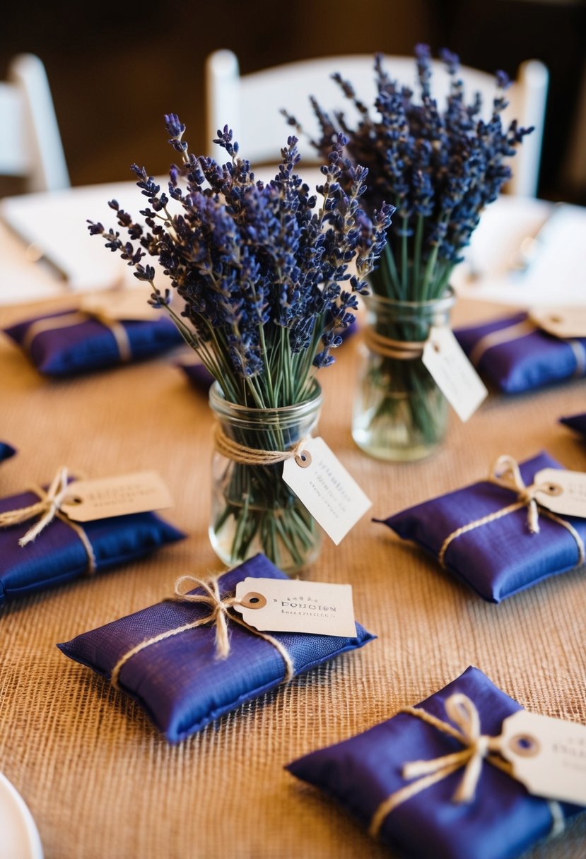 A table adorned with lavender sachets, ribbons, and rustic tags for wedding favors