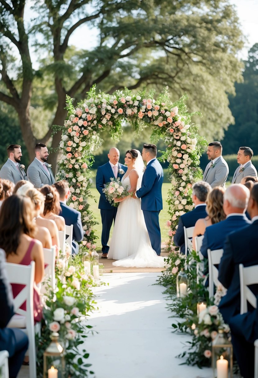 A picturesque outdoor wedding ceremony with a floral arch and romantic seating arrangements