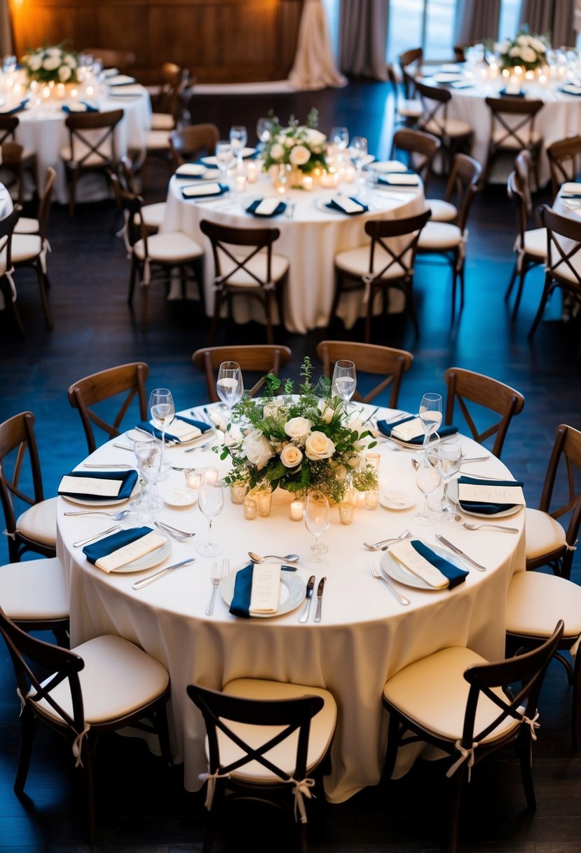 High-top tables arranged in a circle, adorned with elegant centerpieces and surrounded by intimate seating for casual conversations at a wedding reception