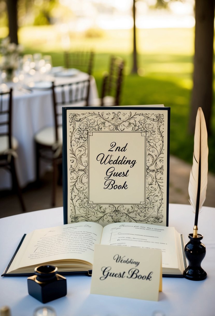 A decorative guest book open on a table, with a quill pen and inkwell nearby. A sign reads "2nd Wedding Guest Book."