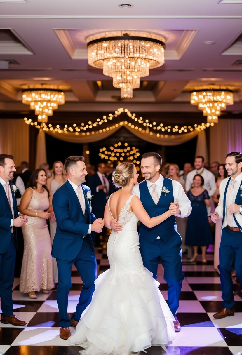 A lively wedding reception with elegant decorations, twinkling lights, and a dance floor surrounded by happy guests