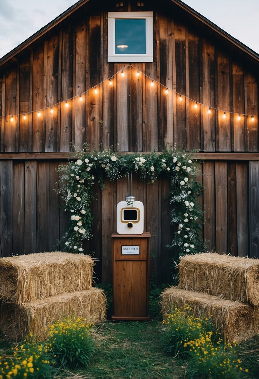 A rustic barn adorned with fairy lights and a vintage photo booth, surrounded by bales of hay and wildflowers