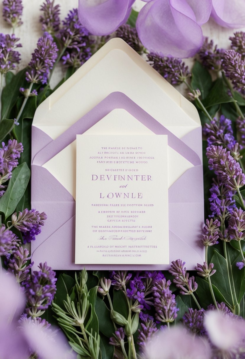 A delicate lavender and ivory invitation suite surrounded by lavender flowers and greenery