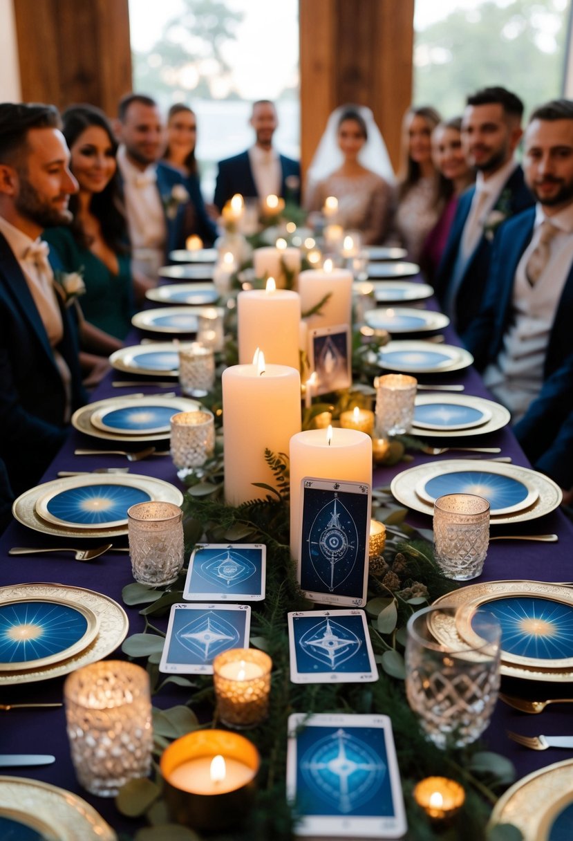 A table adorned with tarot cards, candles, and mystical decor awaits guests at a wedding reception for entertainment