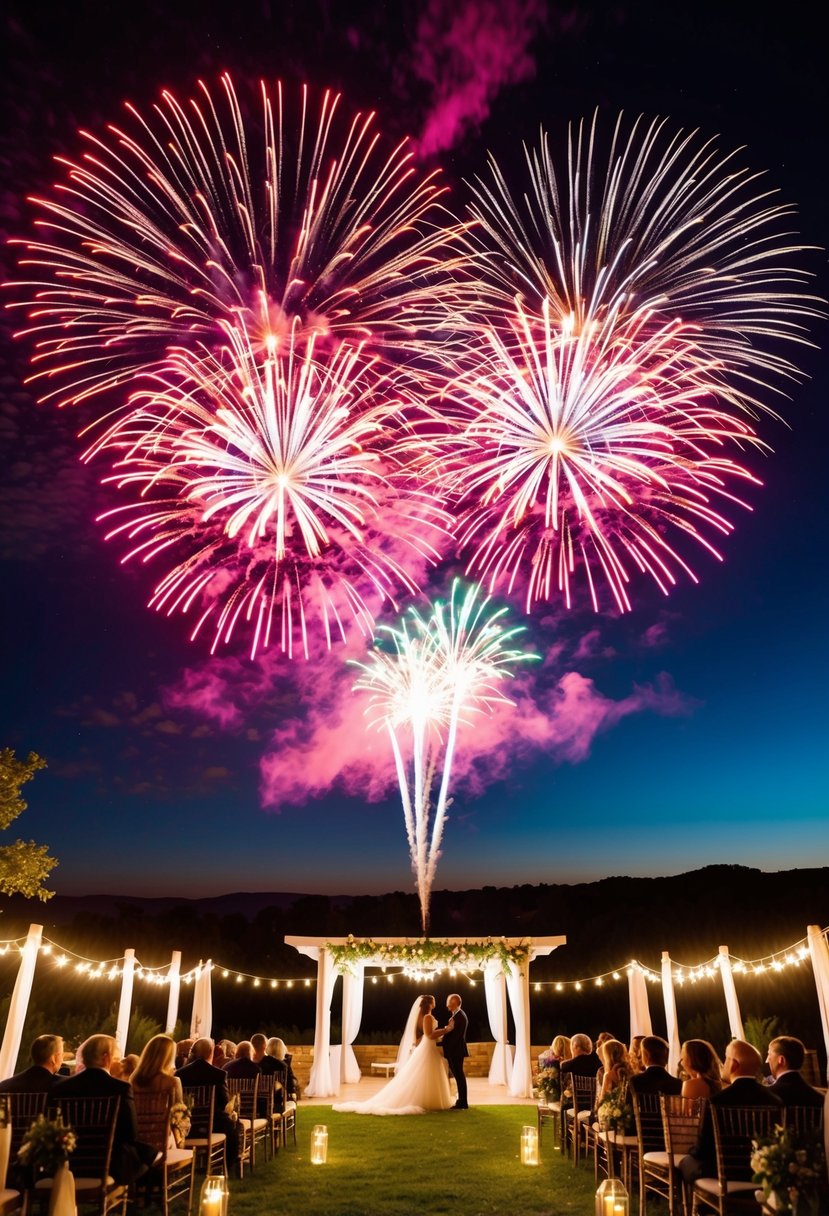 Vibrant fireworks illuminate the night sky, casting a colorful display over a romantic outdoor wedding venue