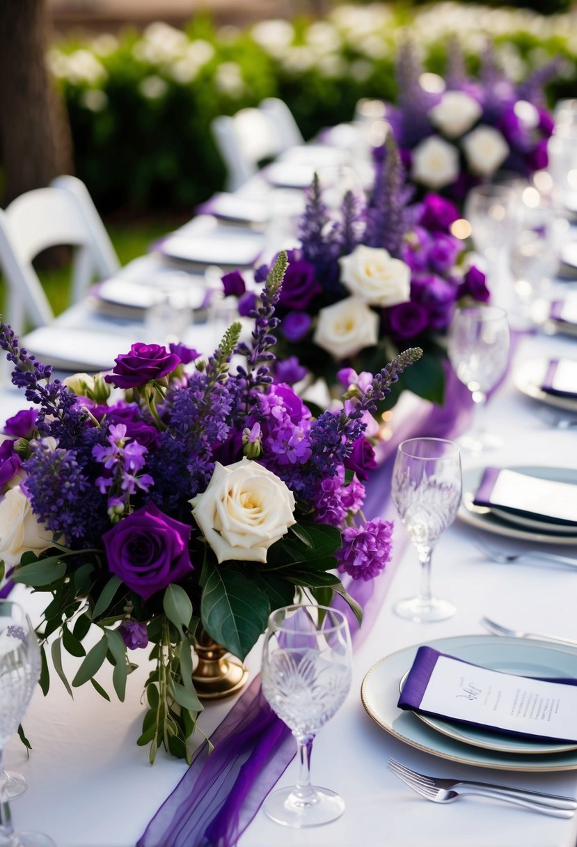 A table adorned with violet and lavender floral arrangements for a wedding