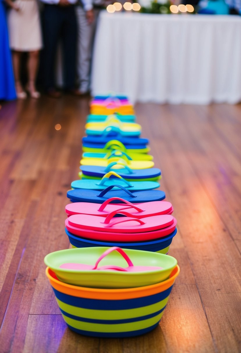 Colorful baskets of flip flops line the edge of the dance floor at a lively wedding reception