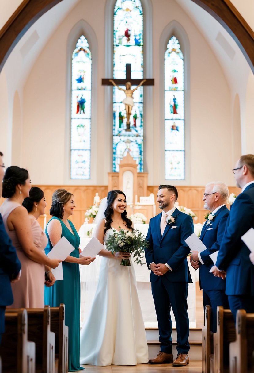 A bride and groom stand at an altar, surrounded by guests holding donation envelopes instead of traditional wedding favors