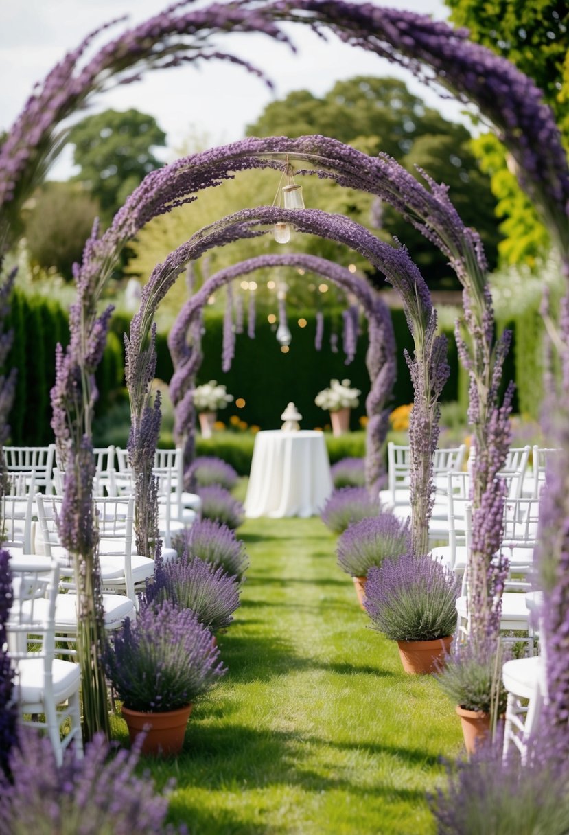 A garden filled with lavender-themed wedding arches and decor