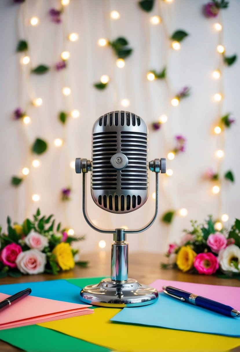 A table with a vintage microphone surrounded by colorful paper and pens, set against a backdrop of fairy lights and floral decorations