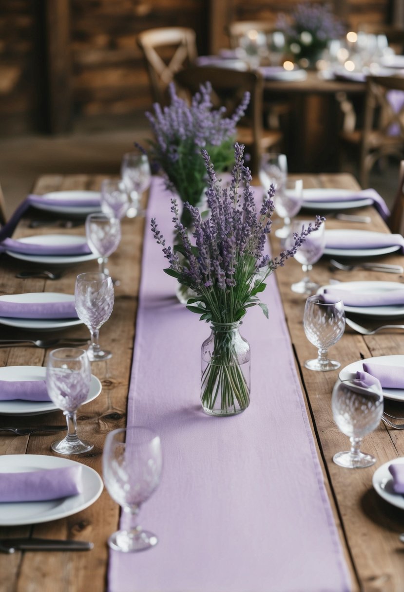 Lavender-tinted table runners draped across a rustic wooden table, adorned with delicate lavender wedding decor