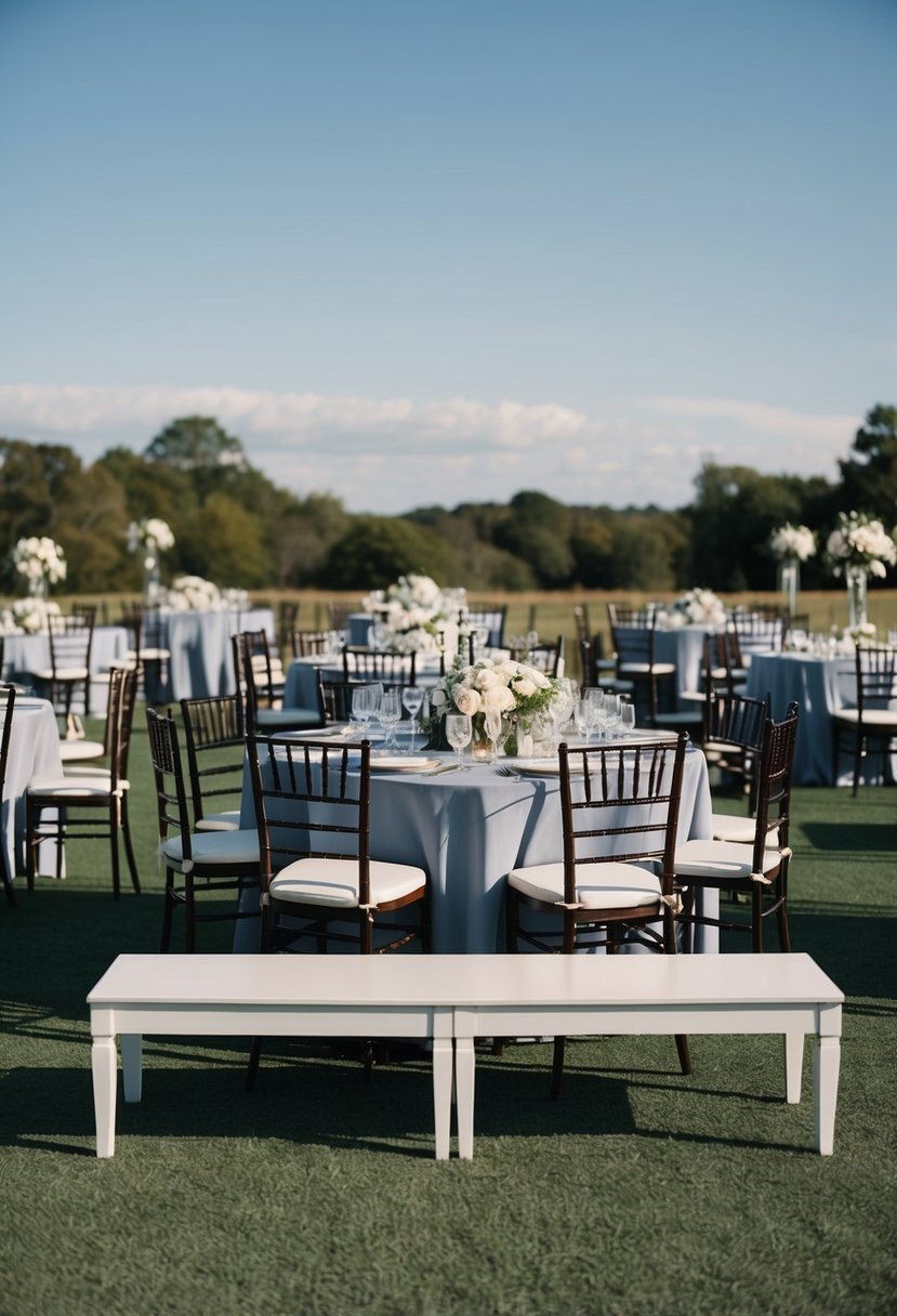 A variety of seating arrangements at a wedding reception: chairs, benches, and standing cocktail tables scattered around an open space